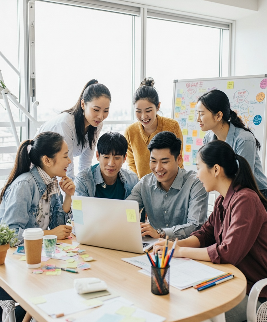 About us - collaborative team meeting with diverse professionals working together