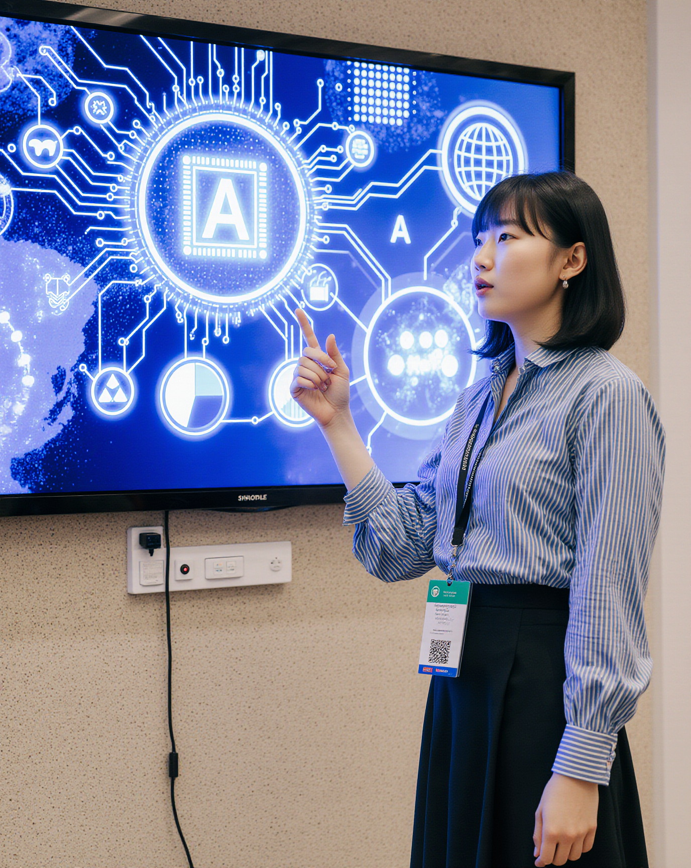 Professional woman presenting AI technology solutions with futuristic digital interface