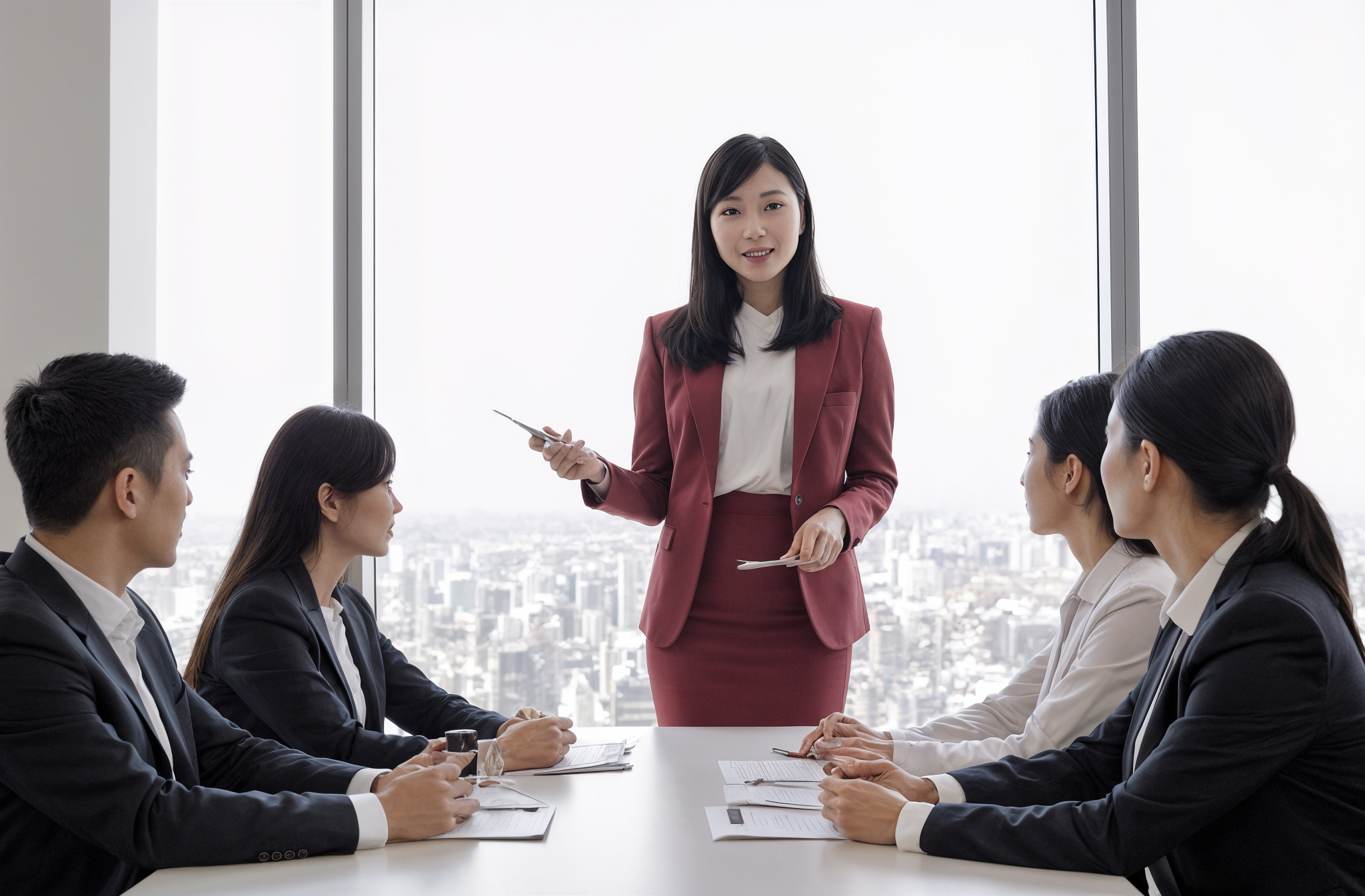 Professional businesswoman leading executive meeting in modern conference room