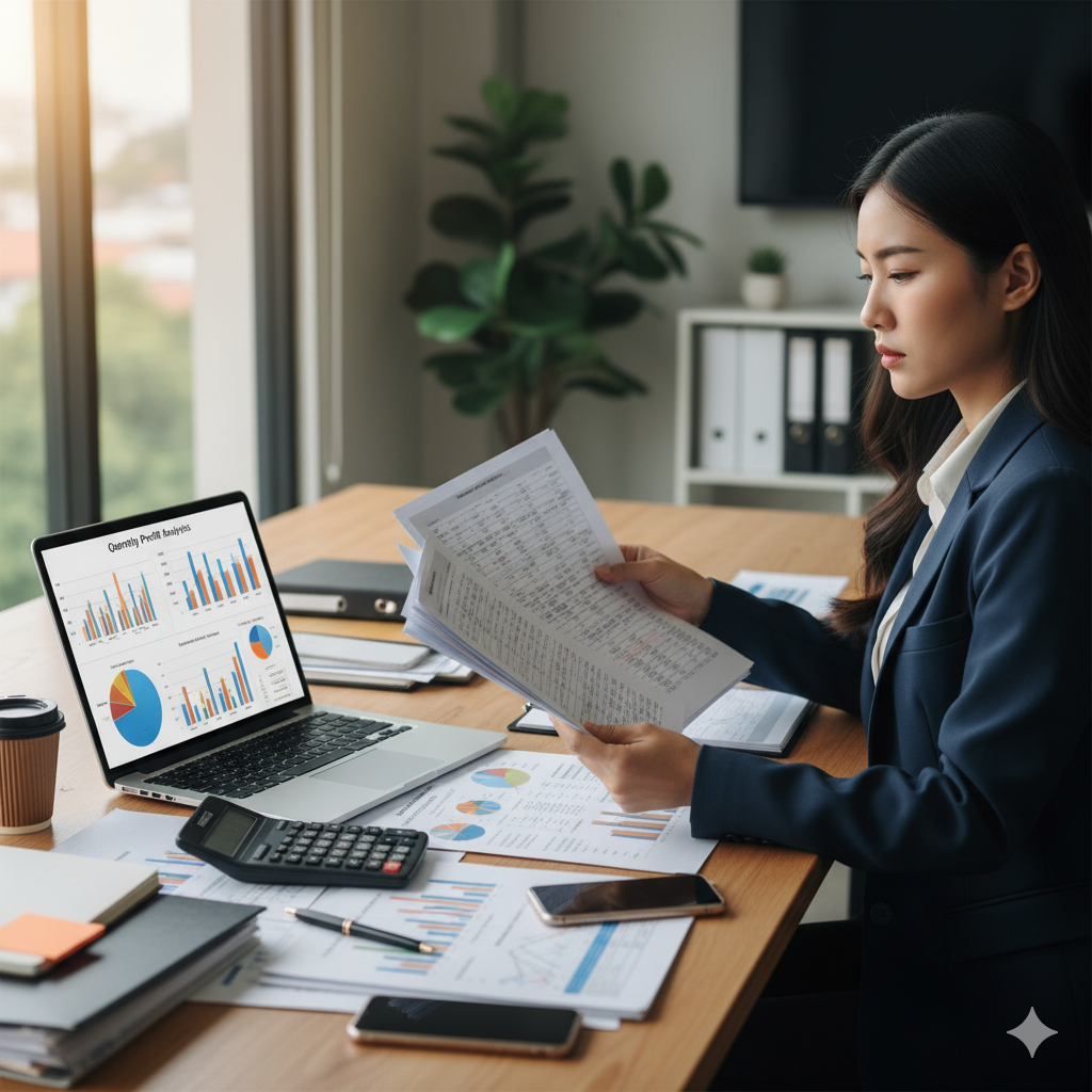 Professional woman working with financial documents and analytics in modern office